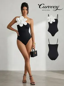 Curvvvy Swim 2026 Fashion Women’s One Shoulder with 3D Floral Applique One Piece Swimsuit, Elegant Black Bathing Suit, Luxury Beachwear, Summer Vacation Swimwear for Women, Statement Pool Party Look