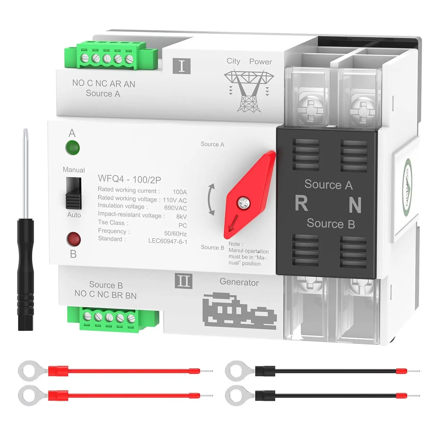 Automatic Transfer Switch 100A AC110V/220V, Dual Power ATS 2P/4P Automatic/Manual Transfer Switch din Rail mounting for Home Generator, RV，Public/Backup Power Supply