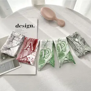 Mother's Day Gifts, Personalized 26 Letter Print Skinny Scarf for Women(1 Pack), 2.36"W x 37.01"L Floral Patterned Hair Tie Neck Kerchief, Fashion Handbag Handle Wrap Ribbon Fashion Accessory