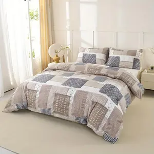 3pcs Patchwork Square Rice Print Decorative Duvet Cover Set, Cozy Comforter Cover for All Seasons, Stylish Bedroom Bedding Set for Home Decor
