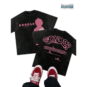 230g Pure Cotton Men's Retro Pink Text "SONDER" Figure Thinking Pattern Printed T-Shirt, Soft Washed Cotton Round Neck Top, Suitable For Casual - Machine Washed Daily Summer Essentials, Outdoor Clothing, Breathable Fabric, Short Sleeved T-Shirt, Y2K Style