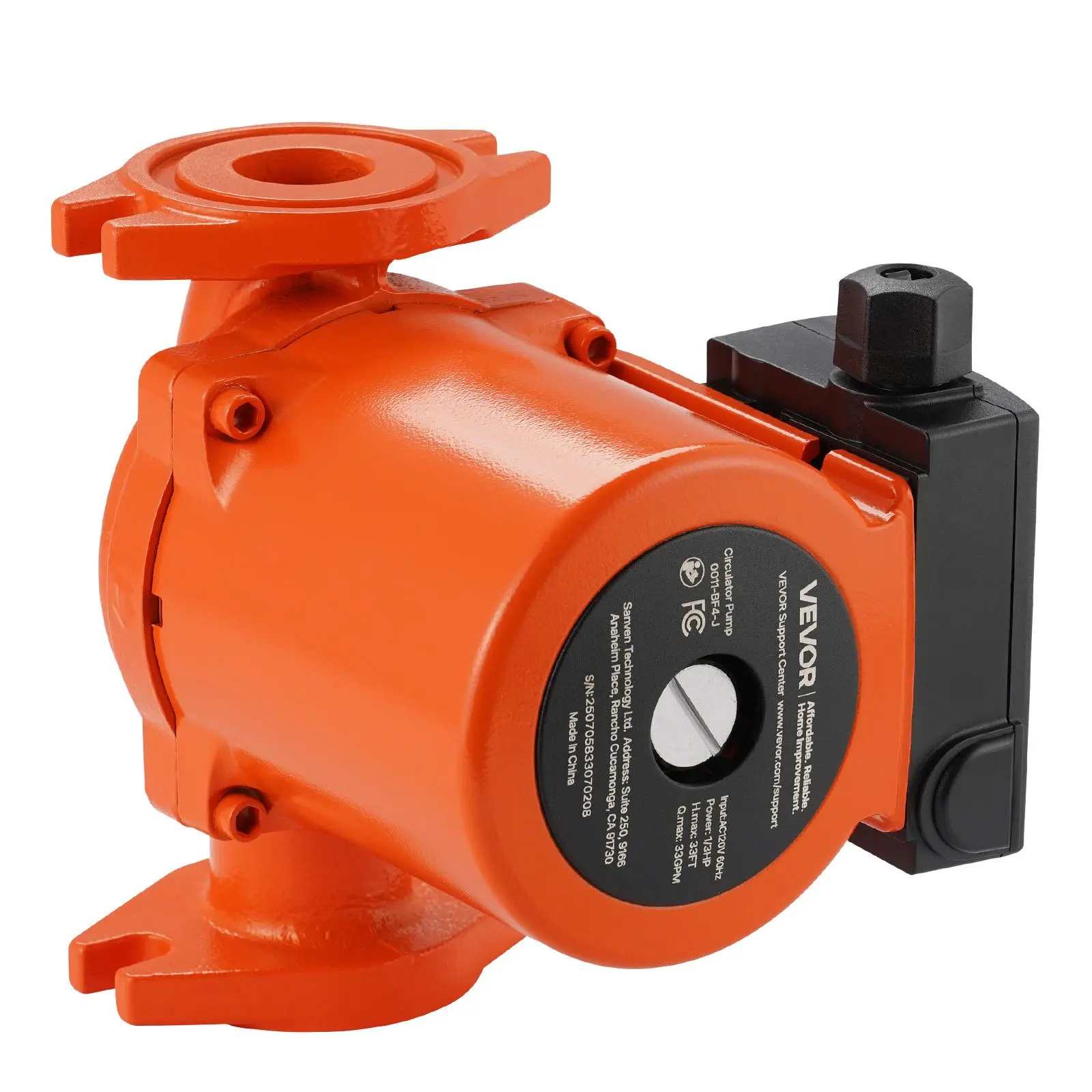 VEVOR 0011-BF4-J 1/3 HP Cast Iron Circulator Pump, 120V AC, 3-Speed, 33 GPM, 33 ft Head, 1-1/4 in Flange, 248.57w±15%, 6.46 x 6.54 x 5.63 in, 9.92 lbs, Quiet, Easy Installation, for Home Heating Systems, Boilers, Radiators
