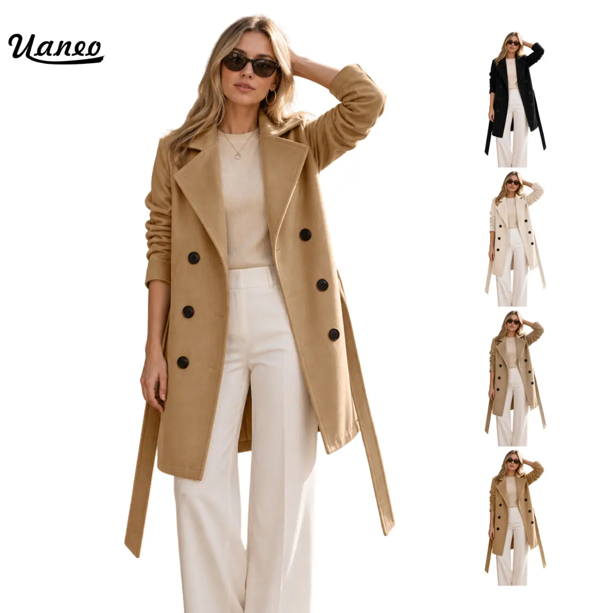 UANEO Women's Wool Trench Double-Breasted Belt Coat Faux Mid-Length Winter Jacket Peacoat Versatile Outerwear for Casual & Dressy Looks