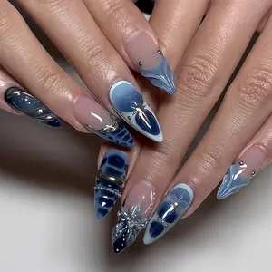 24pcs Almond Shape Nail Tips, Blue French Gradient Design, Handmade Detachable Nails, Includes Jelly Glue and File, Glossy Finish