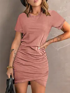 Women's Short Sleeve Ruched Bodycon T-Shirt Dress, , Summer Stretchy Tunic Dress for Daily Party,women t shirt dress short sleeve ruched bodycon mini dress casual crew neck wrap hem stretchy summer tunic dress violet harmon