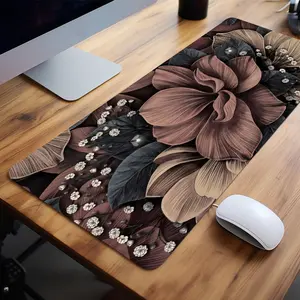 Extra Large Floral Art Deco Mouse Pad Leather-Textured Gaming Desk Pad 35x16 Inch Computer Keyboard Mousepad with Non-Slip Rubber Base Durable Stitched Edge Perfect Gift for Home and Office