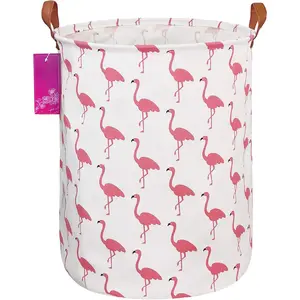 Laundry Hamper Large Canvas Fabric Lightweight Storage Basket/ Organizer/Dirty Clothes Collapsible  for College Dorms, Boys and Girls Bedroom,Bathroom(Flamingos)
