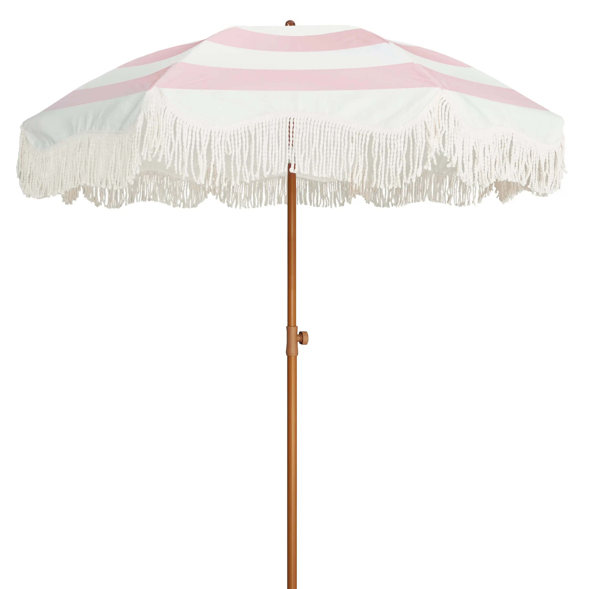 AMMSUN 6.5ft Boho Outdoor Umbrella with Tassels Fringe Patio Umbrella UPF50+ Picnic Umbrella Outdoor Beach Shade Canopy with Push Button Tilt, pink stripes