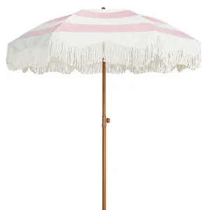 AMMSUN 6.5ft Boho Outdoor Umbrella with Tassels Fringe Patio Umbrella UPF50+ Picnic Umbrella Outdoor Beach Shade Canopy with Push Button Tilt, pink stripes
