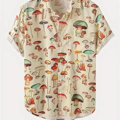 Men's All Over Mushroom Print Button Front Shirt, Casual Regular Fit Short Sleeve Collared Top for Summer, Fashion Men's Clothes for Daily Wear, Casual Summer Clothing