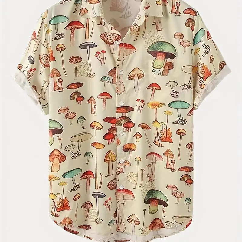 Men's All Over Mushroom Print Button Front Shirt, Casual Regular Fit Short Sleeve Collared Top for Summer, Fashion Men's Clothes for Daily Wear, Casual Summer Clothing
