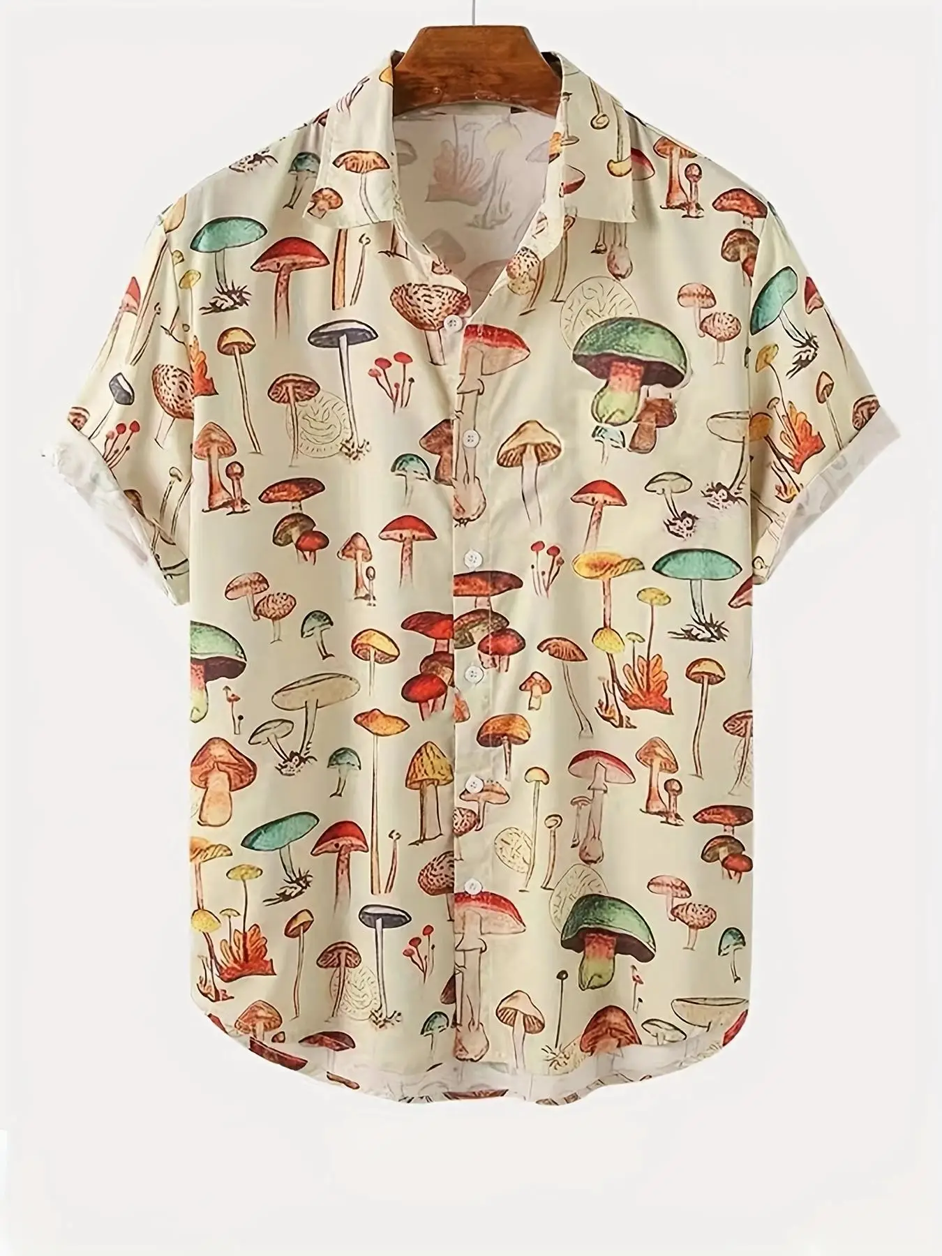 Men's All Over Mushroom Print Button Front Shirt, Casual Regular Fit Short Sleeve Collar Top for Summer, Fashion Men's Clothes for Daily Wear