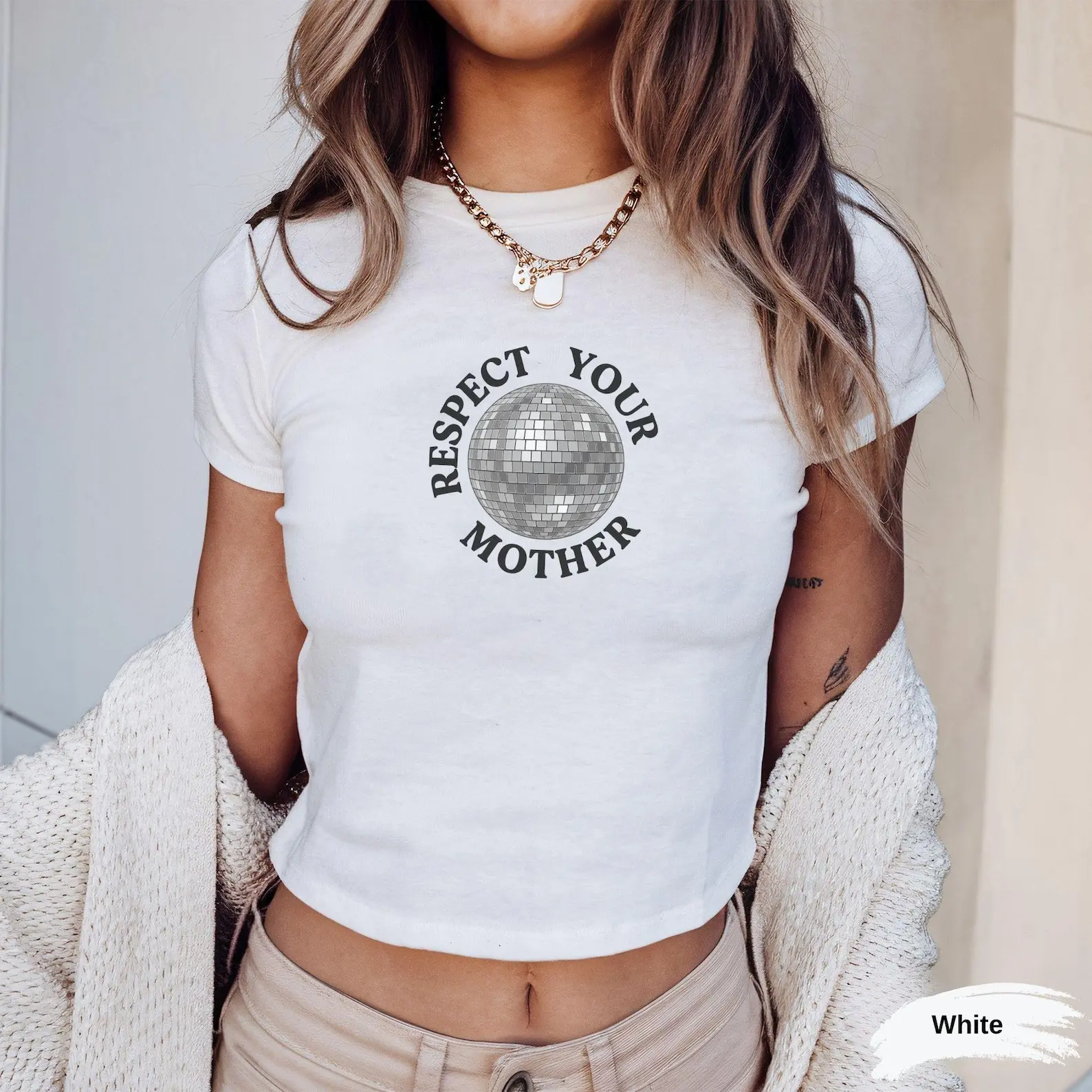 Disco Ball Respect Your Mother Baby Tee Women Tee, Y2K Concert Outfit Crop Top, Retro Disco Trendy Mirrorball Graphic Tee