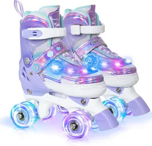 Kids Ocean Quad Roller Skates for Beginners, 4-Size Adjustable, Battery-Free Rainbow Light-Up PU Wheels, Triple Safety Closure, Cute Dolphin Octopus Star Print, Birthday Holiday Gift