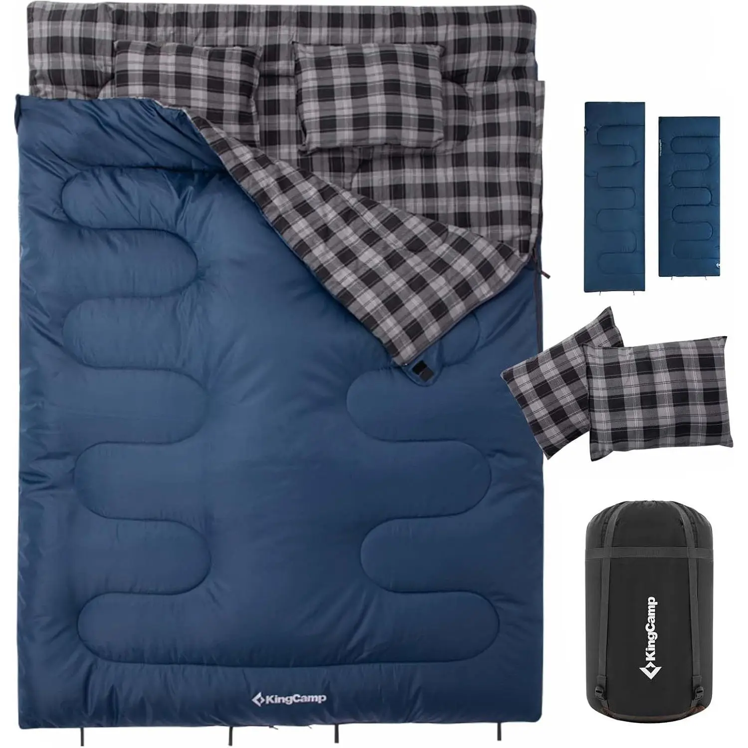 KingCamp 2-Person XXL Queen Size Flannel Quilted Double Sleeping Bag with 2 Pillows, Waterproof Windproof Lightweight Camping Gear for Couple Camping