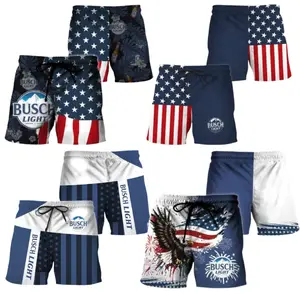 Collection Buschhh Light American Flag Beach Shorts, Men Women Patriotic Navy Swim Trunks 4th July Summer Casual Loose Boardshorts Beer Party Tailgate Festival Streetwear, Stars and stripes party wear, Funny USA flag shorts