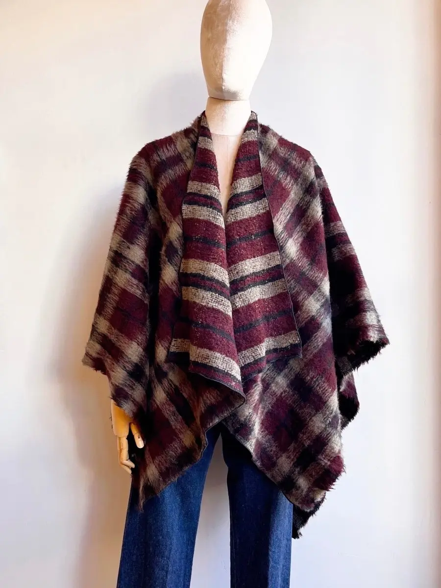 Burgundy Plaid Zero-Waste Reversible Cape