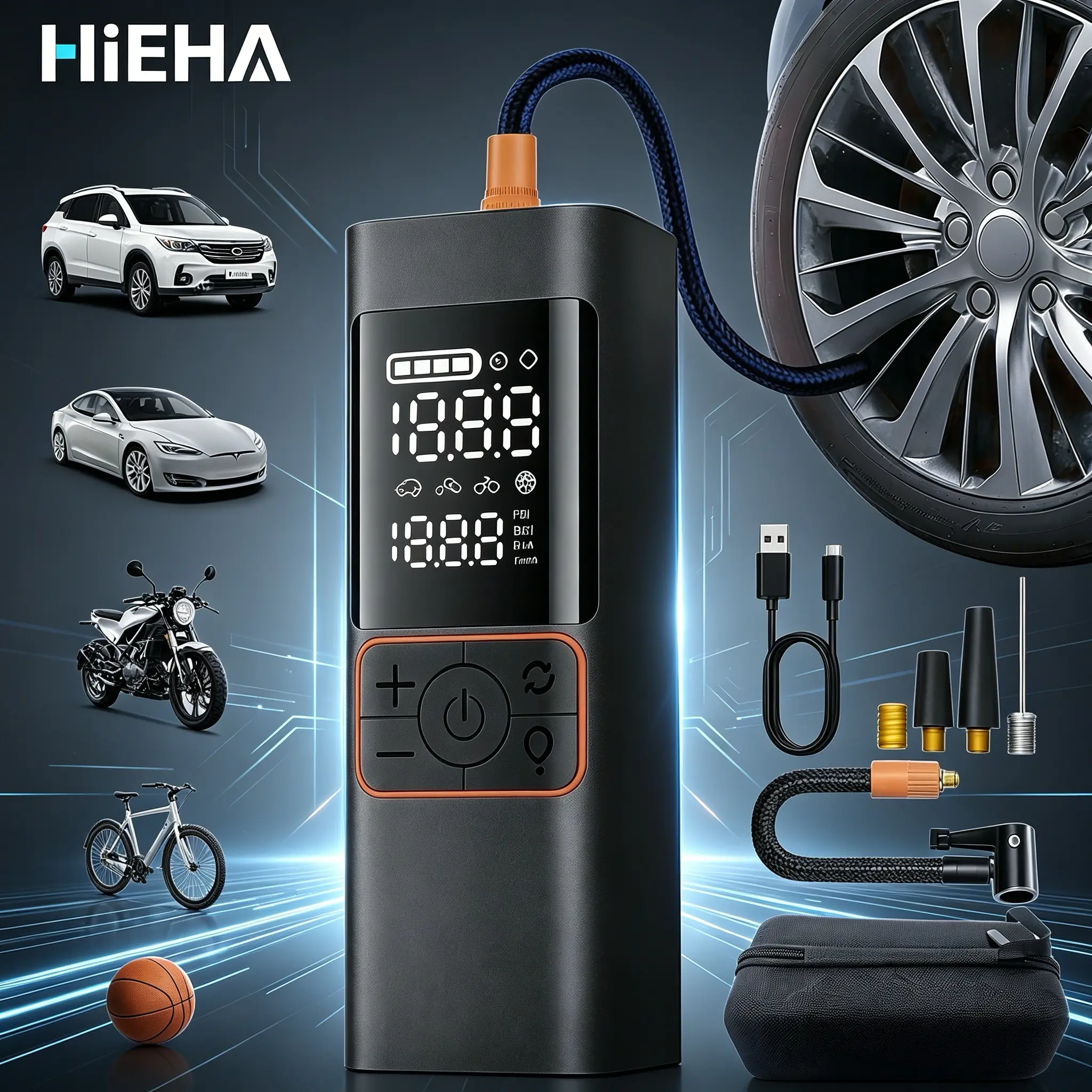 HIEHA 2026 Rechargeable Portable Air Pump - Car Tire Inflator with Digital Pressure Gauge, LED Light and Automatic Power-Off - Wireless air pump for cars, motorcycles, bicycles, and balls, black.