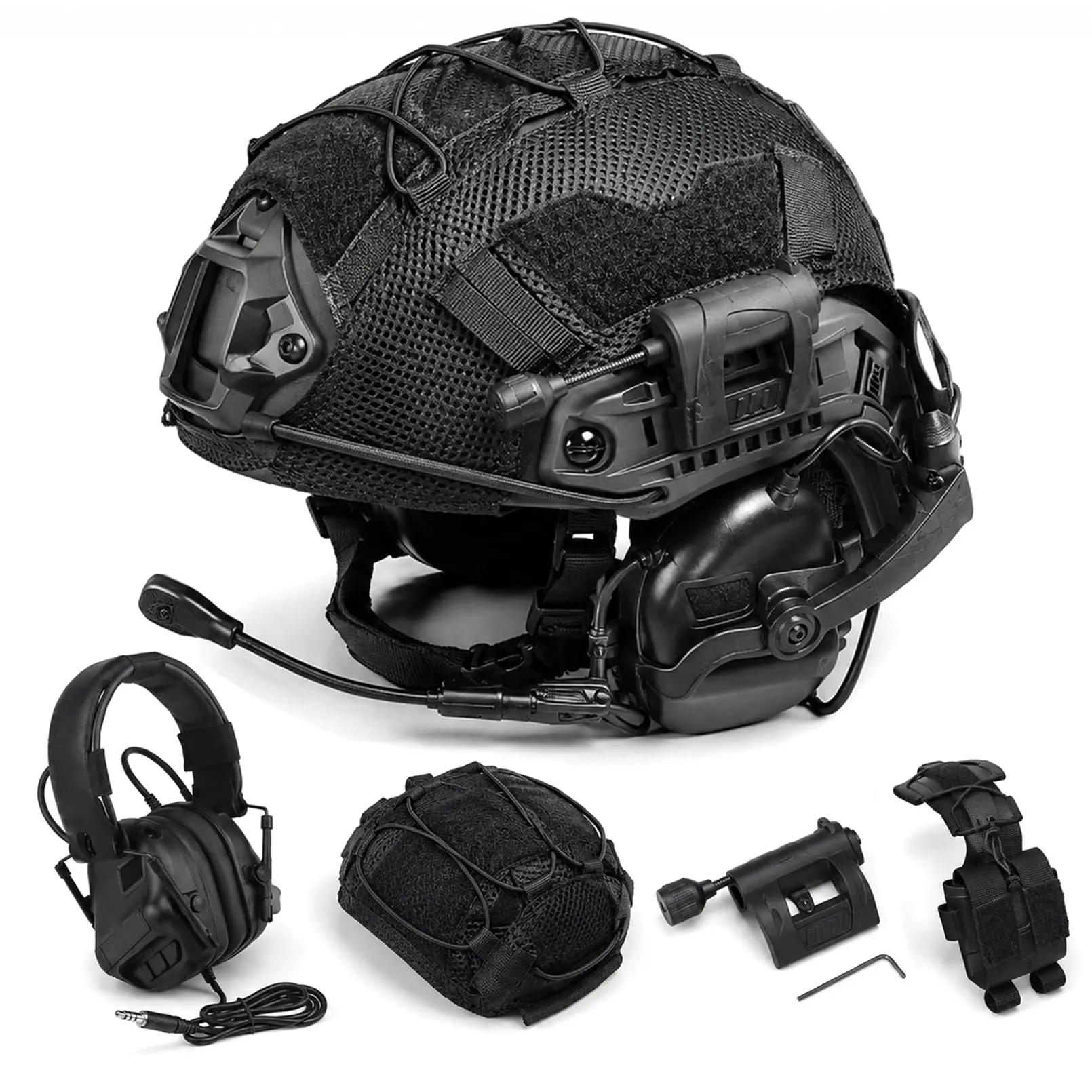 Tactical Headset Set with Helmet Cover Detachable Boom Mic Counterweight Pouch Light for Cosplay