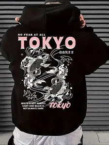 Men's black Japanese-style trendy fashion loose-fitting long-sleeved hooded sweatshirt with letter and koi fish print, suitable for autumn and winter, everyday wear, casual occasions, streetwear, and commuting.