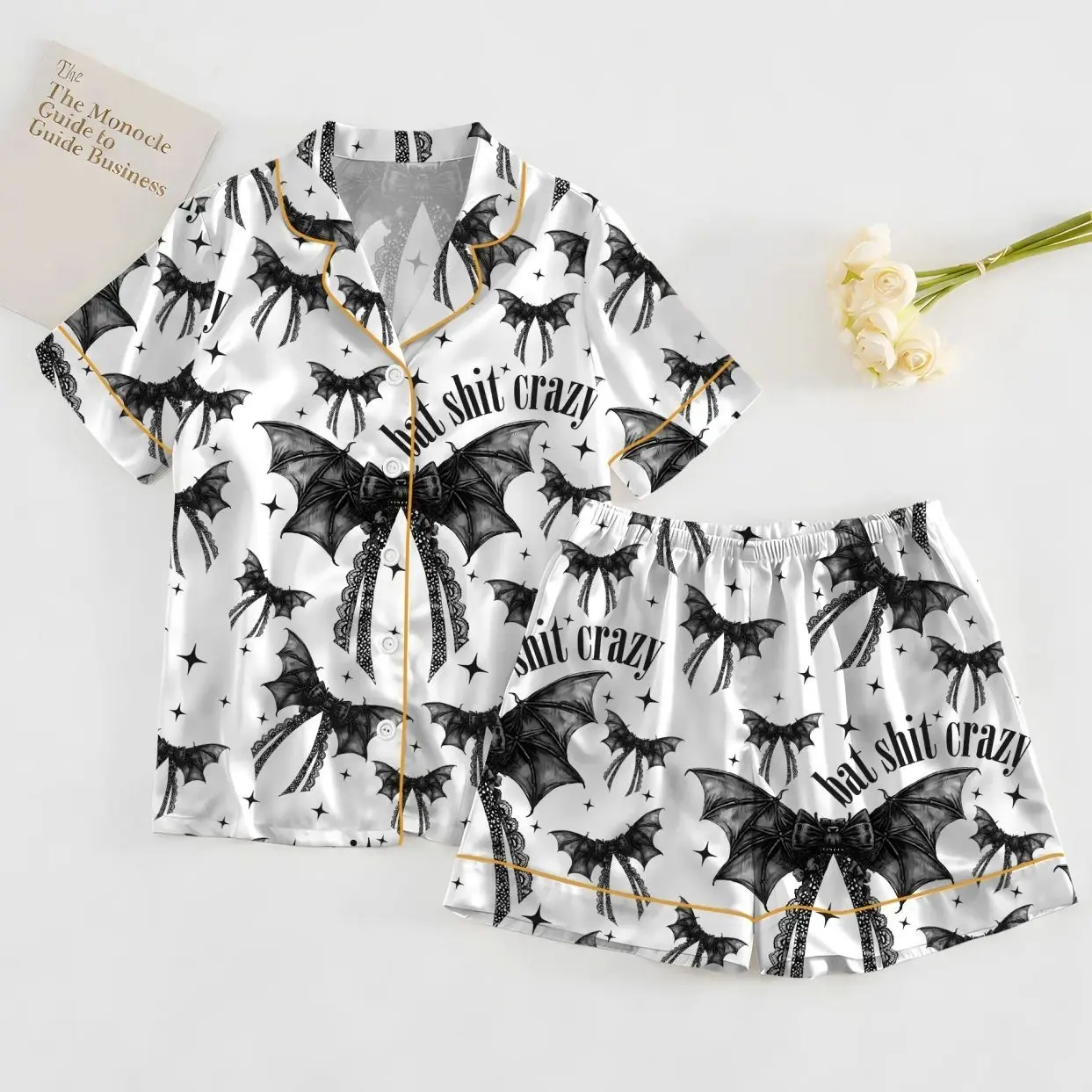Bat Shit Crazy Gothic Coquette Bow Satin Pajama Set Adults, Halloween Print Pajamas Bat Gothic Coquette, Homewear Bow Black Gifts Women