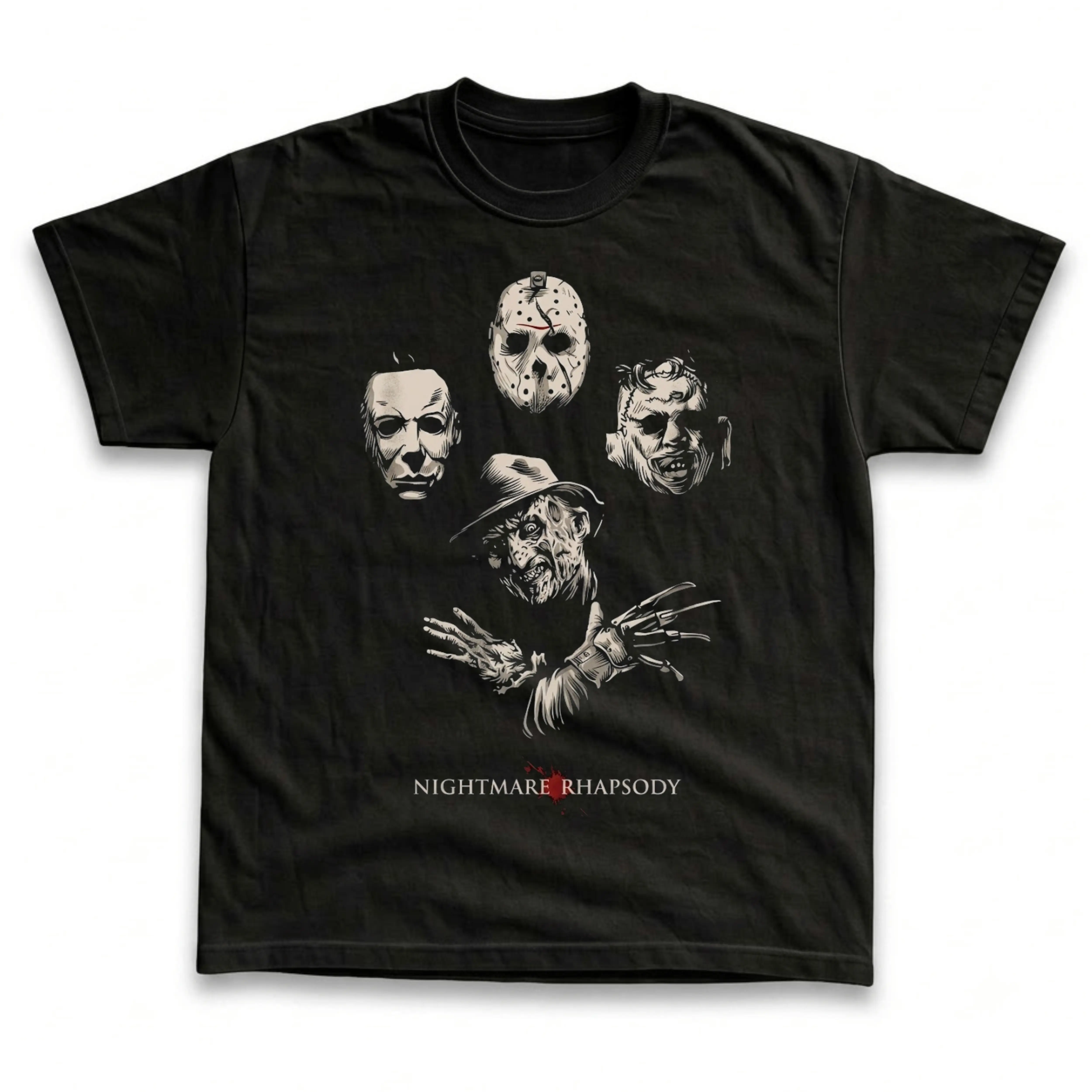 Gildan Men's and Women's T-Shirt, Vintage Leatherface Graphic Tee, Nightmare Rhapsody Freddy Jason Michael Horror Movie Shirt, Queen Parody Fan Gift, Gothic Aesthetic Retro Streetwear Outfit, Spooky Halloween