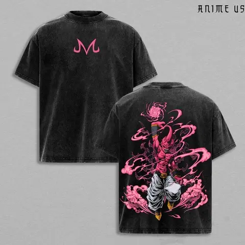 Men's Chic Seamless Ribbed Round Neck Short-Sleeve Majin Buu Vintage Washed Anime Apparel T-Shirt - Soft, Classic, Stylish Casual Menswear Top with Kid Buu Pink Energy Graphic, Oversized Heavy Cotton Retro Streetwear Gift for DBZ Fans