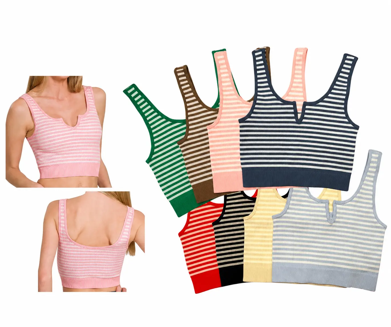Ribbed Striped Notch Neckline Crop Top Bralette Brami Tank by Zenana 6387, Multiple colors, Soft Comfy Stretchy Seamless Womenswear
