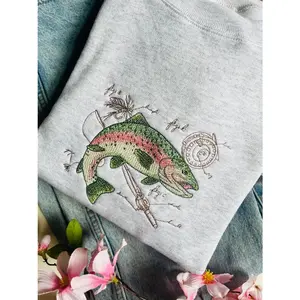Rainbow Trout Fishing Embroidered Crewneck, Vintage Shirt, Trending Shirt, Fishing Shirt, Gift For Fishman