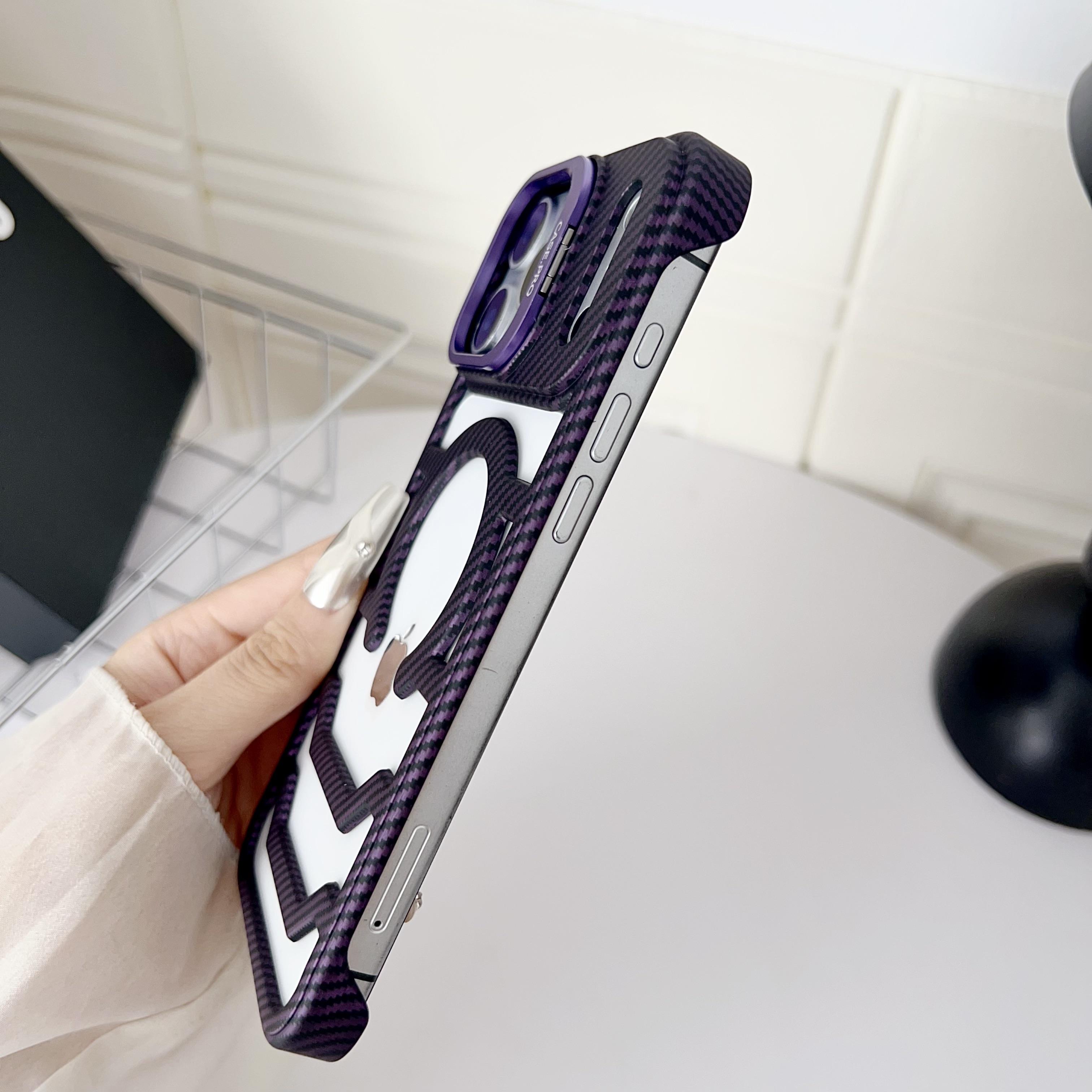 MagSafe Magnetic Carbon Fiber Texture Phone Case | Hollowed-Out Ventilated Cooling, Ultra-Thin Borderless Design with Hidden Lens Stand - Compatible with iPhone17ProMax/16Pro/15/14/13/12