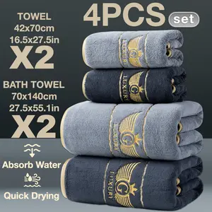 Christmas Gold Thread Embroidered Premium Towel Set, 4-Piece Bath Towels 140x70cm & 74x34cm, Quick-Dry Absorbent Microfiber, Home Camping Hotel School Factory Use