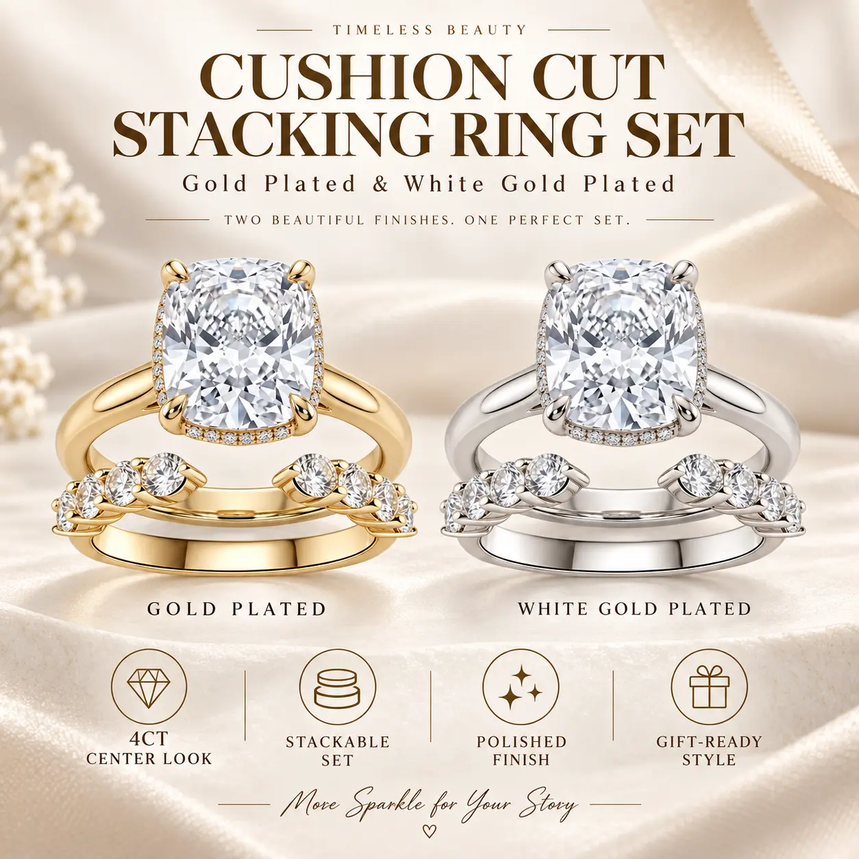Loysun Women's 4CT Cushion Cut Artificial Gemstone Wedding Ring Sets, Ice Cut Stackable Bridal Band, Elegant Promise Ring for Anniversary Gift