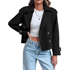 ZX-Women's Short Double-Breasted Trench Coat - Raglan-Sleeve Short Jacket for Professional Commuting