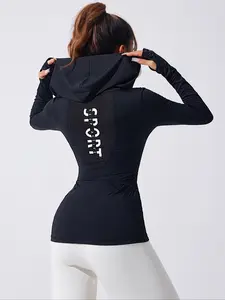 Women's Letter Print Thumb Hole Design Sports Hoodie, Casual Long Sleeve Sports Top for Yoga Gym Workout, Breathable Workout Tops, Gym Sport Hoodies, Ladies Sportswear for Spring & Fall