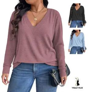 Plus Size Tops for Women Classic V Neck T-Shirts Casual Trendy Long Sleeve Tunics Loose Fit Oversized Blouses XL-5XL VPS0231