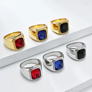 Geometric Stone Inlay Ring for Men in Polished Stainless Steel, Minimalist Personality Fashion Jewelry