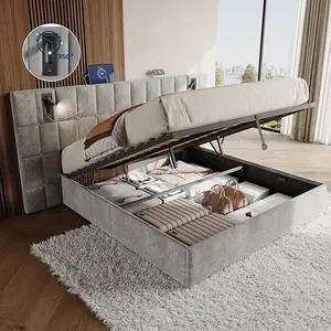 AMERLIFE Upholstered Bed Frame with Widened Headboard,Lift-Up Storage Bed and Built-in Reading Light, Velvet Platform Frame, No Box Spring Needed