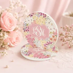 Pastel Floral Monogram Car Coaster, Round Custom Name Drink Holder, Cute Spring Flower Personalized Cup Mat, Gift for Women