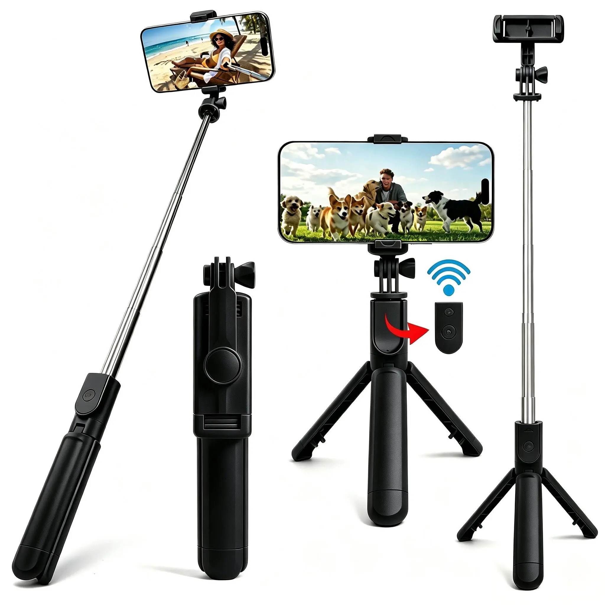 Extendable Phone Selfie Stick with Wireless Remote & 360° Rotating Tripod Stand, Portable, Adjustable, Compatible with iPhone, Samsung & Android Smartphones, Selfie Accessories