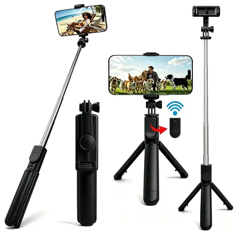 Extendable Phone Selfie Stick with Wireless Remote & 360° Rotating Tripod Stand, Portable, Adjustable, Compatible with iPhone, Samsung & Android Smartphones, Selfie Accessories