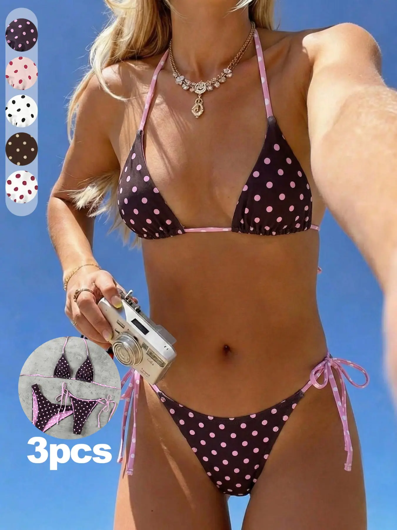 3pcs New Arrival Spring & Summer Bikini Set, Fashion Sexy Polka Dot Print Swimwear, Casual Elegant Swimsuit for Beach