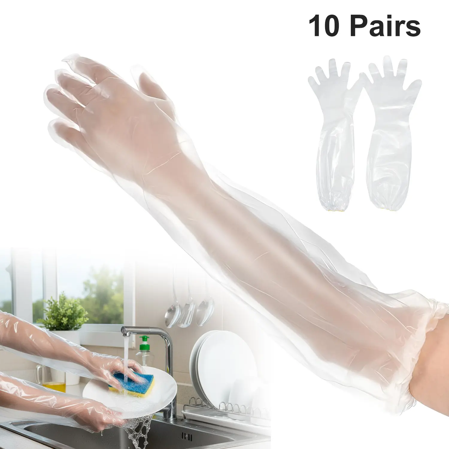 LZDJTQ 10 Pairs Extra Long Disposable Cleaning Gloves, 23.6inch Elbow Length Plastic Waterproof Sleeve for Kitchen Cooking Household Dishwashing