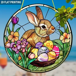 2D Easter Bunny and Egg Sun Catcher Round Colored Glass Style Acrylic Window Hanging Decoration, Fun Spring Decoration with Bunny and Flowers, Perfect for Easter Home Decor