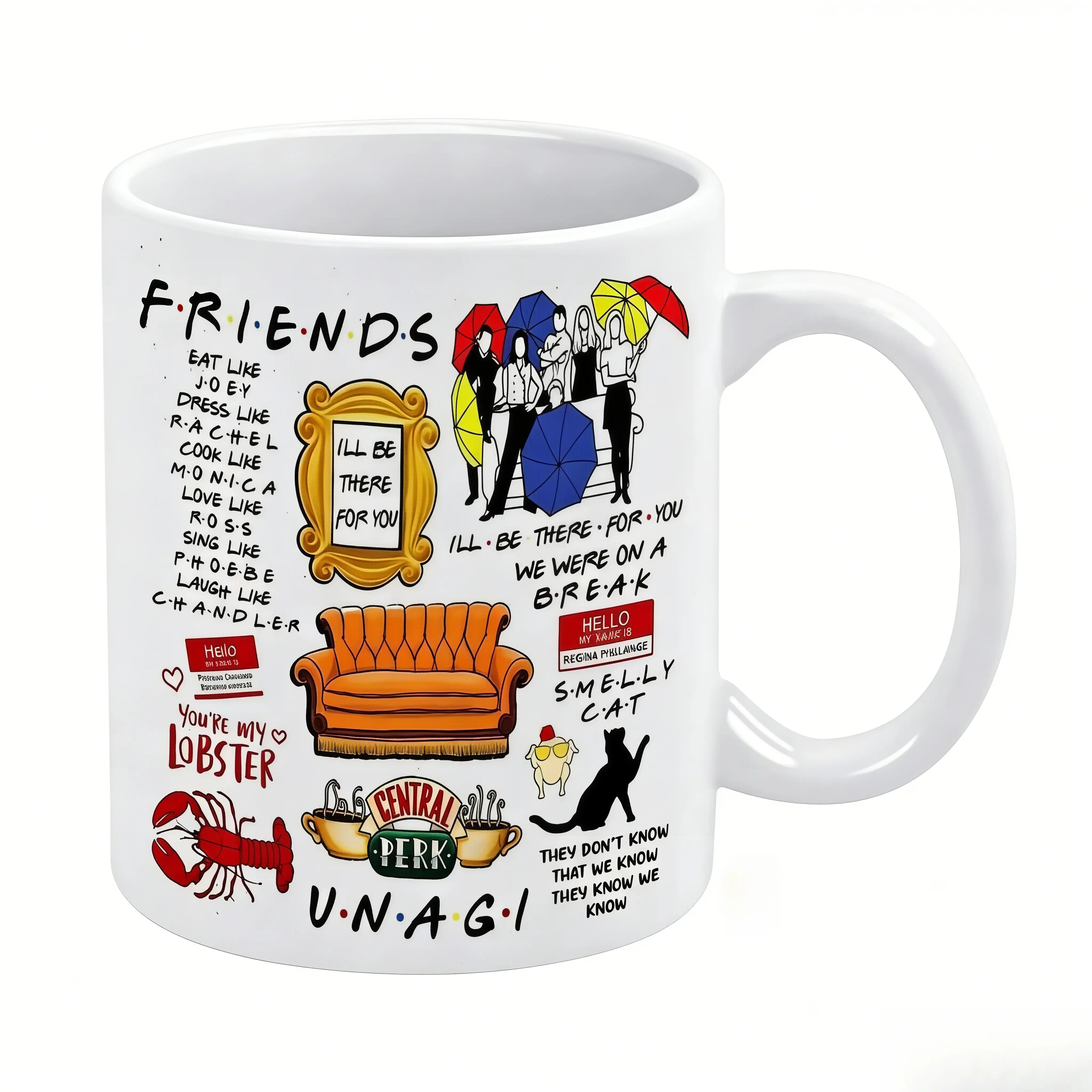 Friends TV Show Mug 11oz , Iconic Art & Quote Collage Coffee Cup, Black Handle & Interior, You're My Lobster, Central Perk, Smelly Cat, Unagi, We Were On A Break, I'll Be There For You, Orange Couch & Umbrella Scene, 90s Sitcom Themed Drinkware