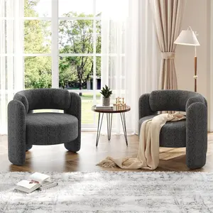 Modern Chenille Accent Chair Set of 2 Mid-Century Upholstered Living Room Chair Cozy Round Armrest Chair With Open Back Round Corner Side Sitting Lounge Armchair for Bedroom/Office/Cafe, Dark Grey