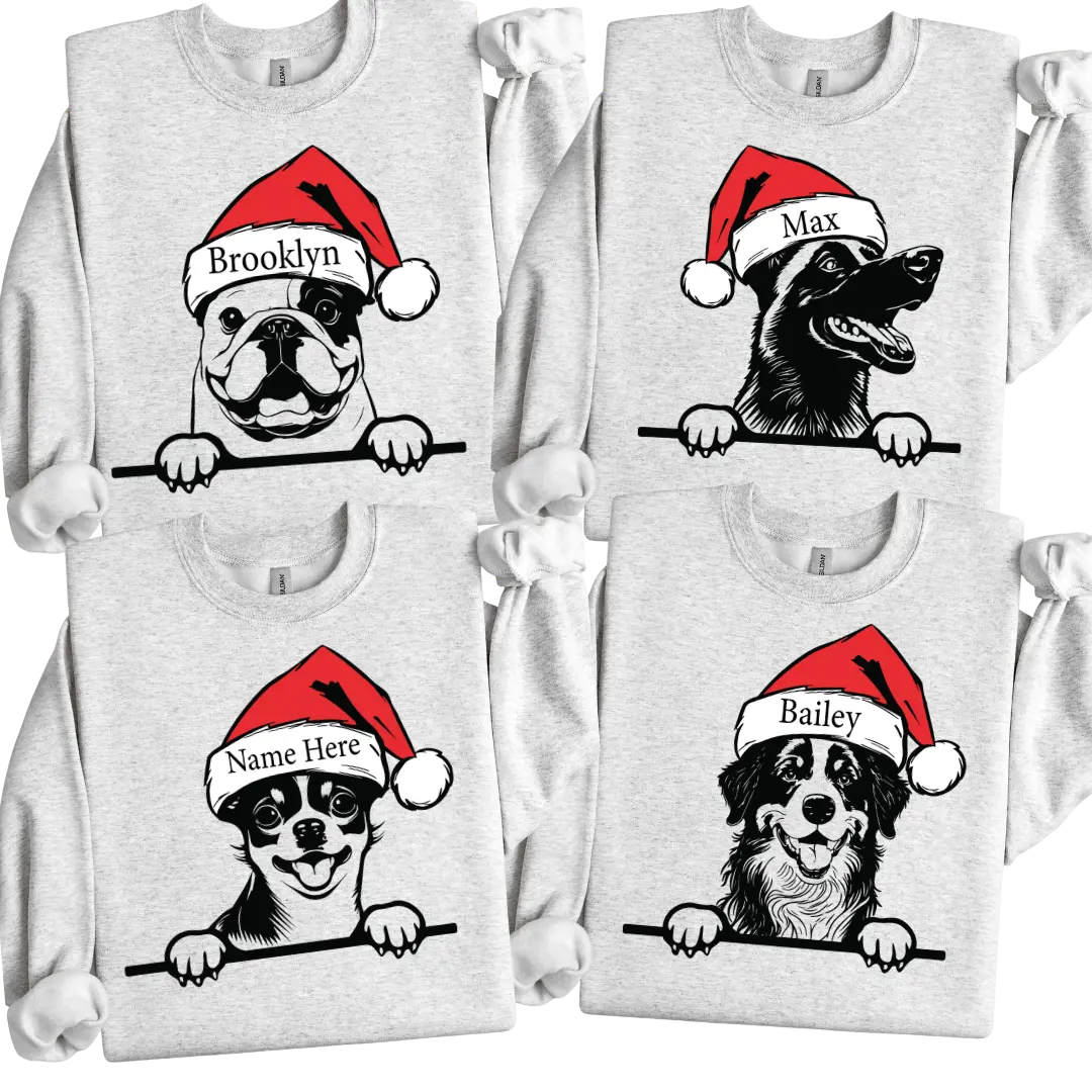 Custom Santa Hat Dogs Sweatshirt, Personalized Dog Breed and Dog Name Crewneck, Personalization Dog