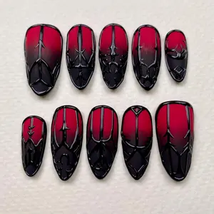 Enchanted Gate Press-On Nails – Red to Black Ombre Fake Nails with 3D Gothic Gate Designs - DarkNailz