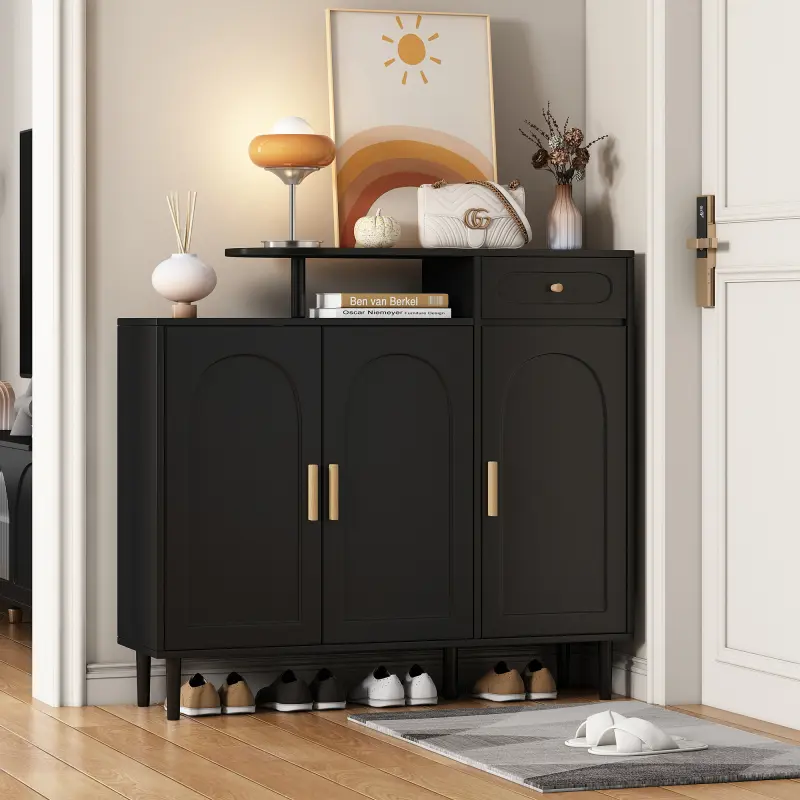 High quality shoe cabinet/shoe rack/storage cabinet/storage shelf/storage rack/storage box  Elegant Shoe Cabinet with Arched Doors and Drawer, Cream Style Storage Sideboard with Adjustable Shelves and Solid Wood Legs for Entryway, Living Room, Black  Hall