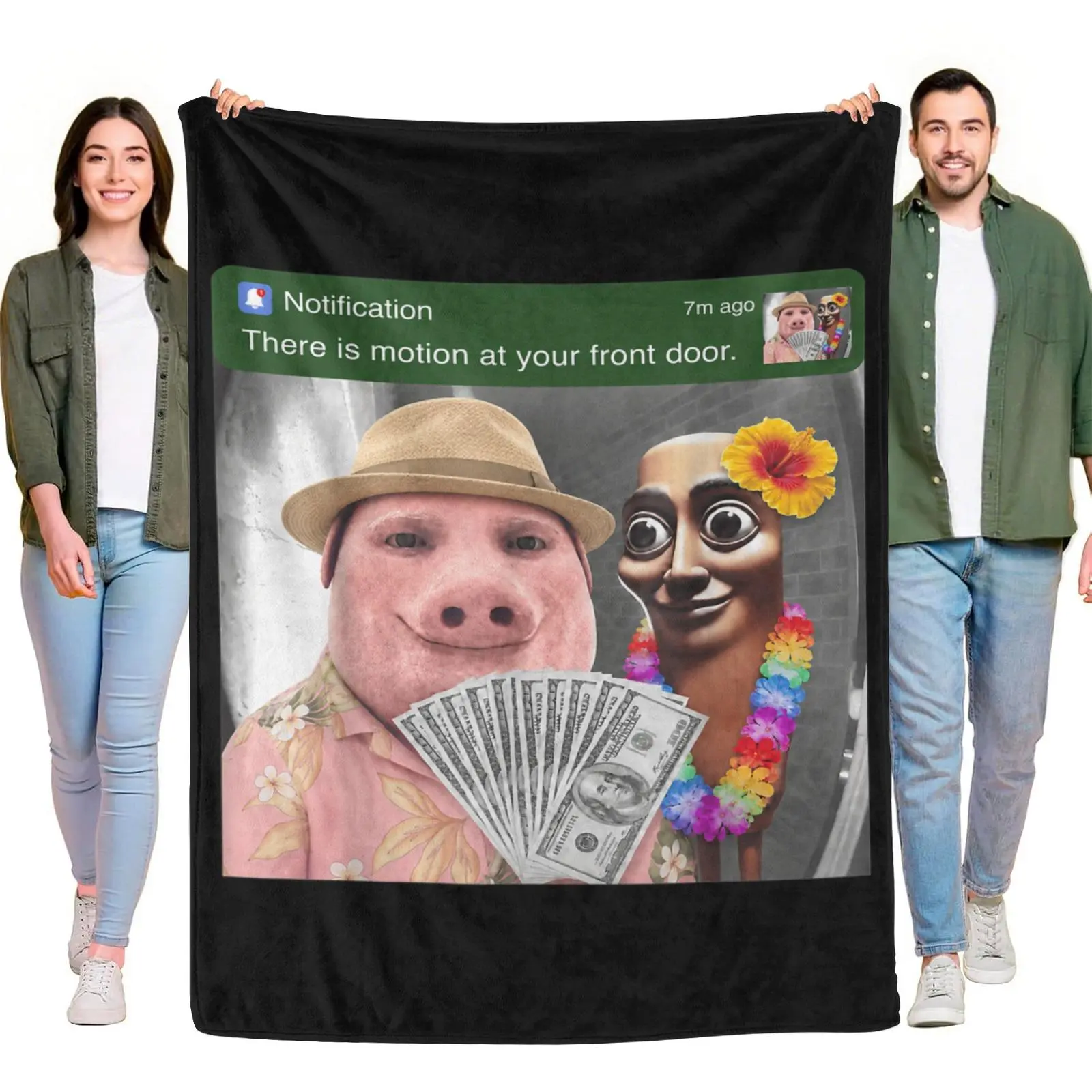 Flannel Blanket Front Door Motion Notification Pig Wood Man Hawaii Meme Print Soft Fluffy Lounge Blanket