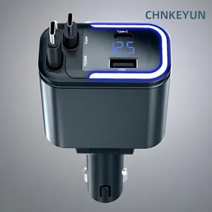 CHNKEYUN 4 in 1 Retractable Car Charger,Super Fast Charging Car Charger Max 120W, Retractable Cable and 2 USB Ports Car Charger Adapter for iPhone 15 14 13 12 Pro Max, Galaxy S23 Bluetooth Charger phone charger c
